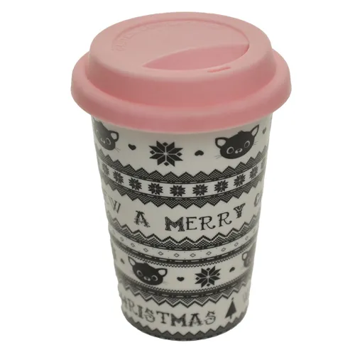 Christmas Cat Travel Mug With Pink Silicone Lid