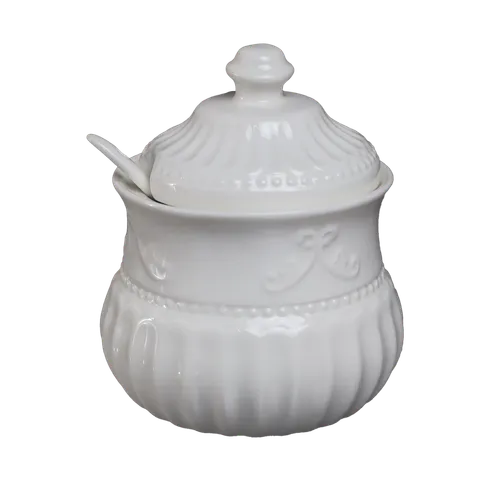 English White Formal Sugar Bowl With Lid & Spoon
