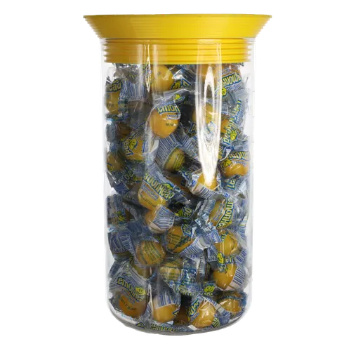 Clear Glass Cylinder With Yellow Lid Containing Candy