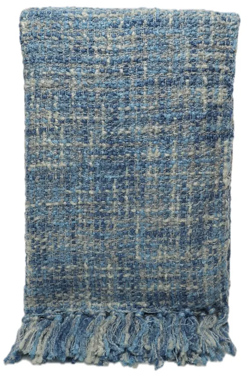 Chenille Two Tone Blue & White Tweed Throw Blanket With Tassel Fringe
