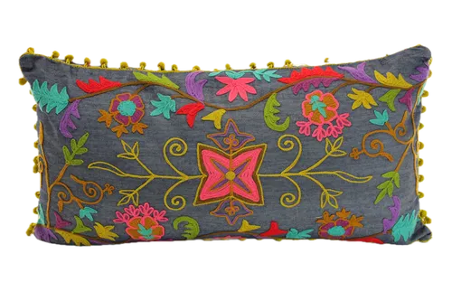 Denim Blue With Fluorescent Embroidered Flowers With Gold Pom Pom Tassels Throw Pillow