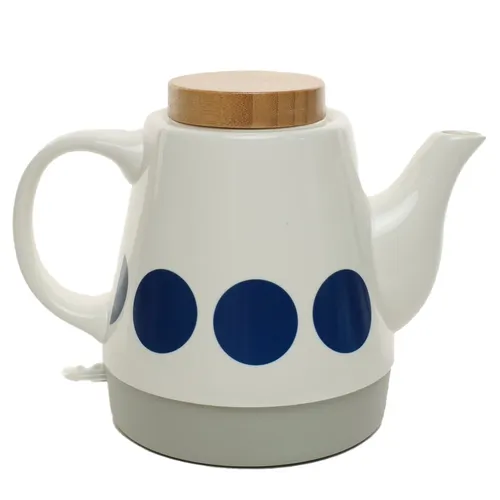 White Ceramic Electric Kettle With Blue Dots & Wood Lid