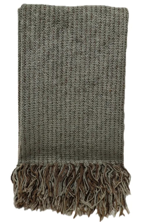 Chenille Sage Green & Brown Lines Throw Blanket With Tassel Trim 