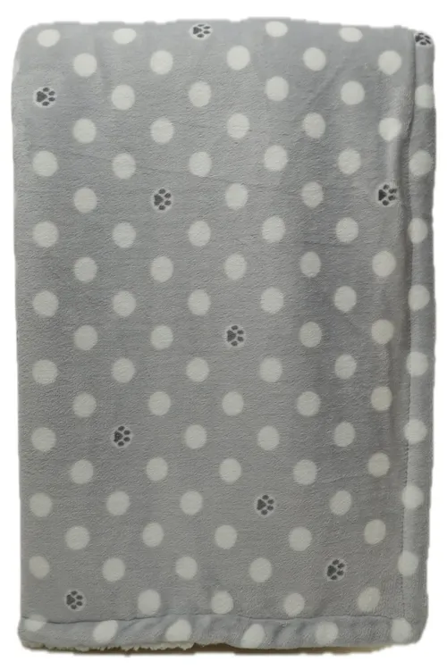 Light Grey Fleece With Dots & Paw Prints With Cream Sherpa Reverse Throw Blanket