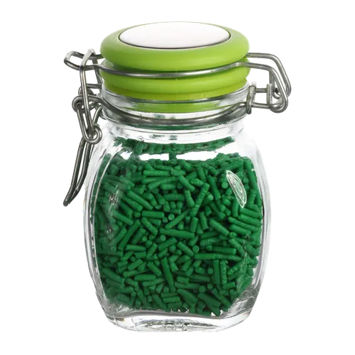 Clear Glass Canister With Chartreuse Green Lid With Green Baking Sprinkles