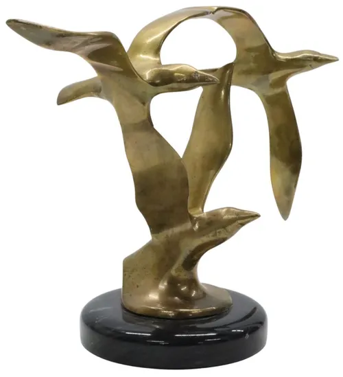 Three Brass Birds On Black Marble Base