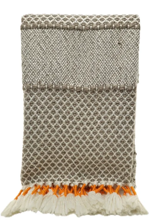 Taupe, White & Orange Knit Pattern Throw Blanket With Tassels