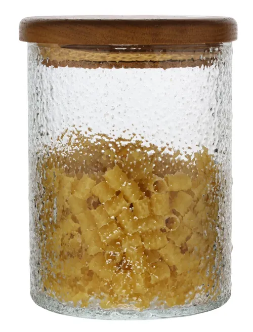Clear Dimpled Glass Canister With Wood Lid Containing Pasta Noodles