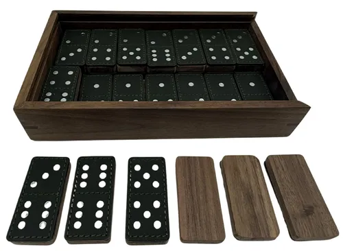 Green Leather & Wood Dominoes Set In Matching Box