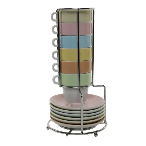 Six Pastel Espresso Mugs & Saucers In Wire Holder
