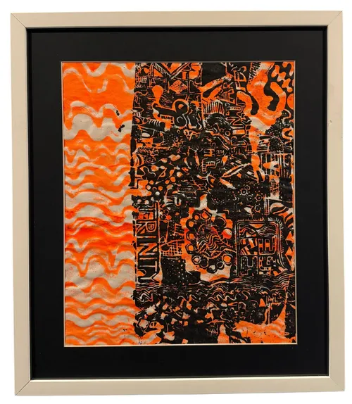 Orange & Black Silkscreen Print Abstract In Black Frame