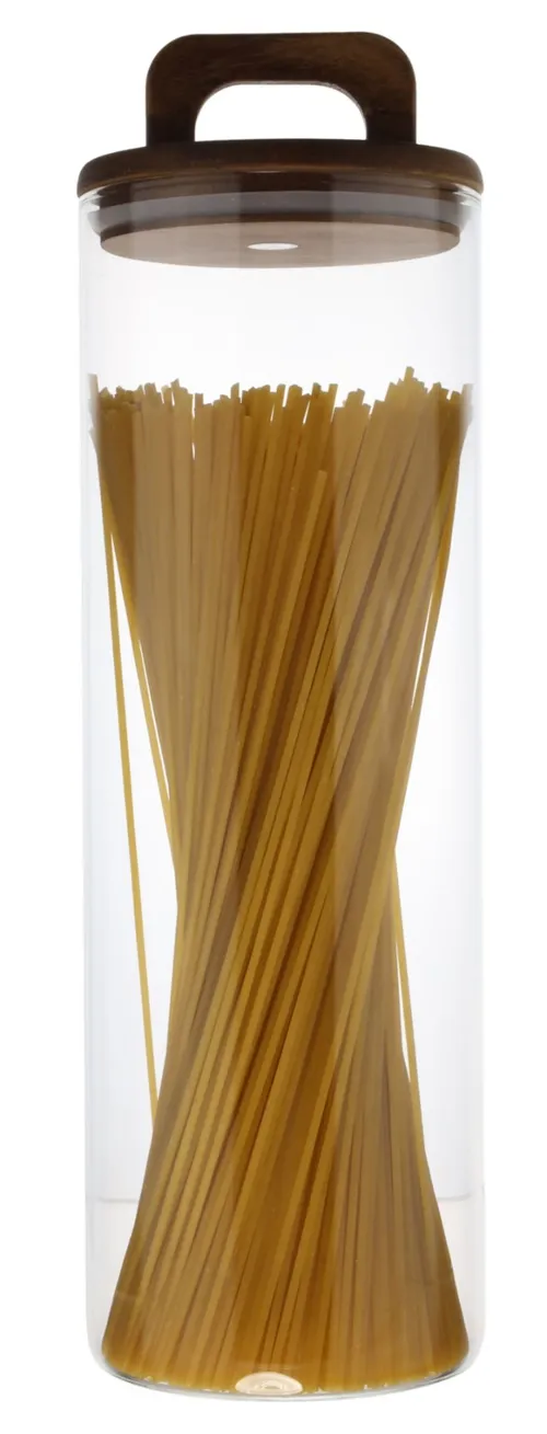 Clear Glass Canister With Wood Lid Handle Containing Spaghetti