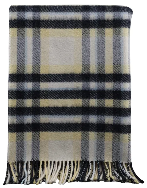 Cream & Yellow & Blue Tartan Wool Blanket With Fringe
