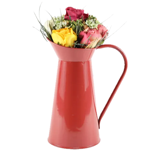 Artificial Springtime Petite Rose Bouquet In Red Metal Watering Can