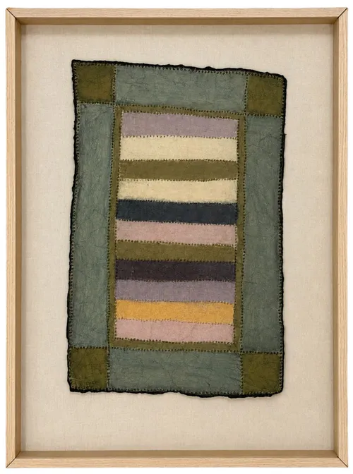 Hand Stitched Striped Textile In Wood Shadowbox Frame
