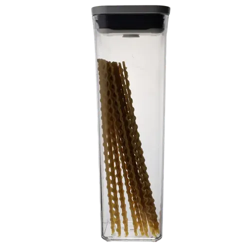 Clear Rectangular Pop Top Low Profile Storage Container With White Lid Containing Lasagna Noodles