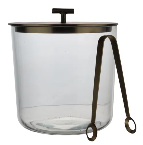 Clear Glass Ice Bucket With Matte Gold Lid & Tongs