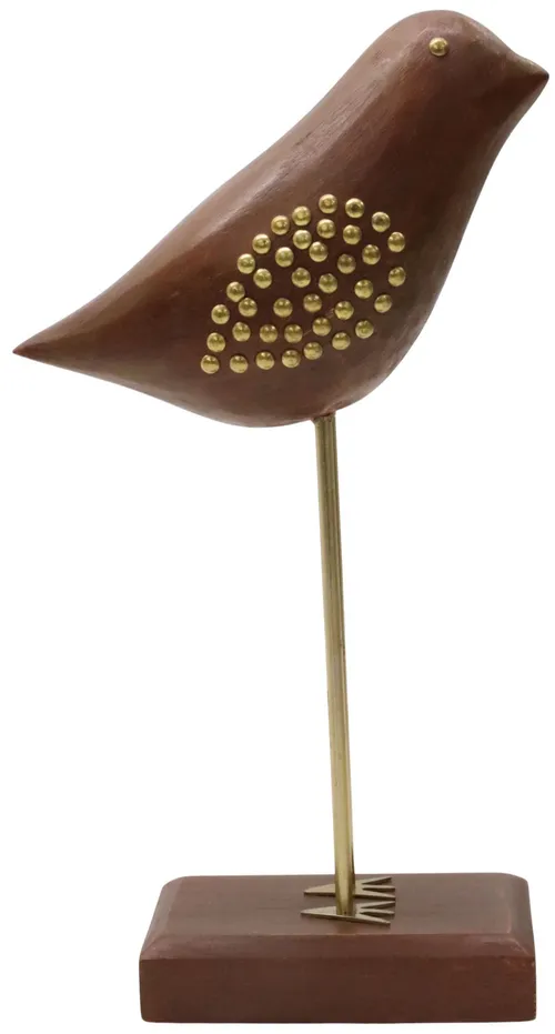 Wood Bird With Gold Wing On Stand