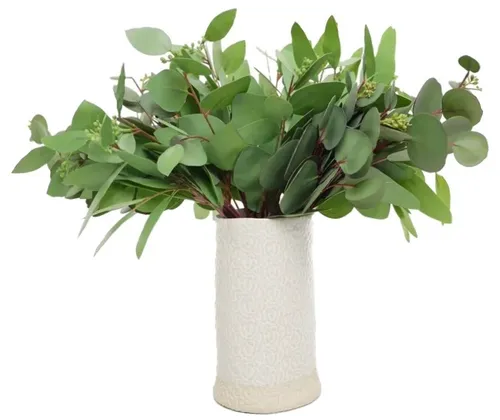 White & Beige Embossed Cylindrical Ceramic Vase with Artificial plant