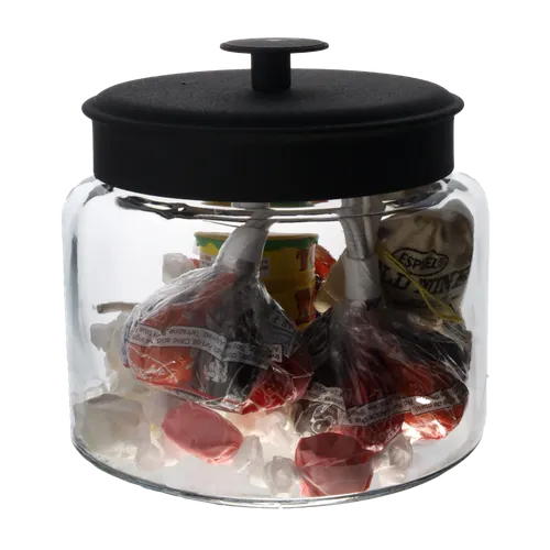 Clear Glass Canister With Black Matte Lid Containing Candy