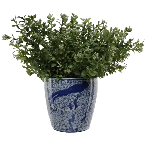 Artificial Dainty Leaf Plant With Blue Ceramic Pot