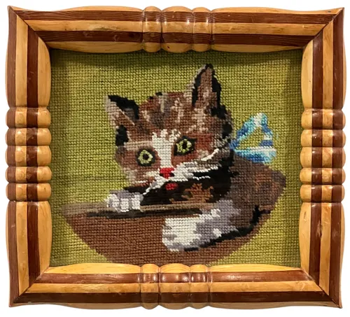 Cat With Bowl Needlepoint In Wood Frame