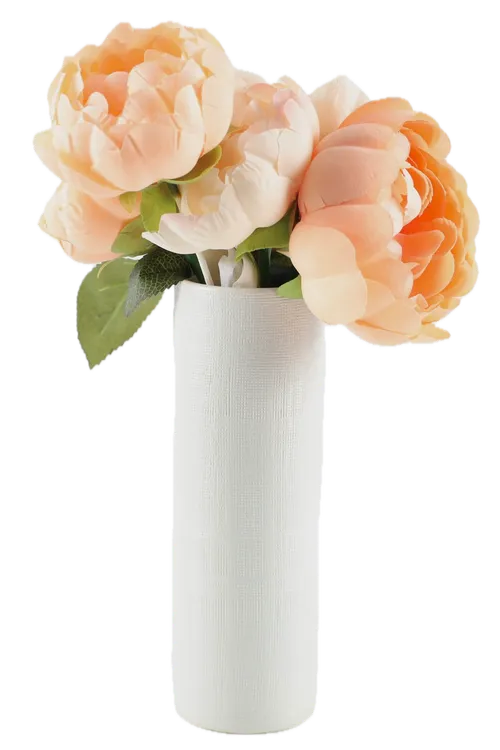 Artificial Peach Peonies In Tall White Ceramic Vase