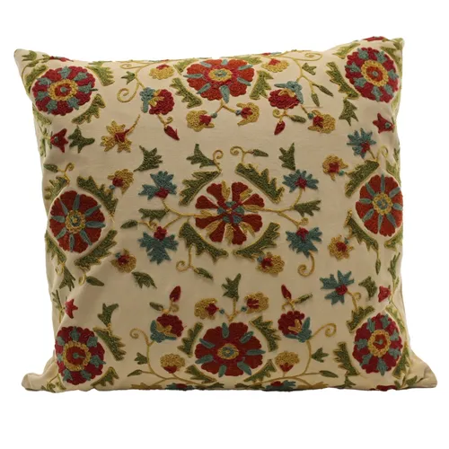 Beige & Rust Embroidered Floral Throw Pillow