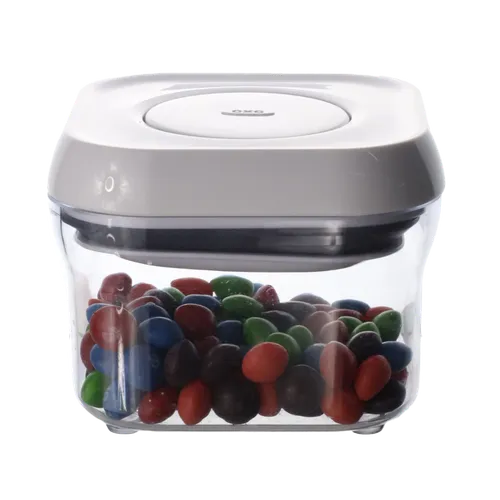 Clear Square Pop Top Storage Container With White Lid Containing Candy