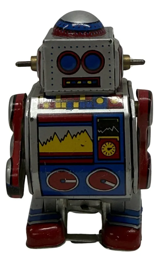 Tin Windup Silver & Red & Blue Robot