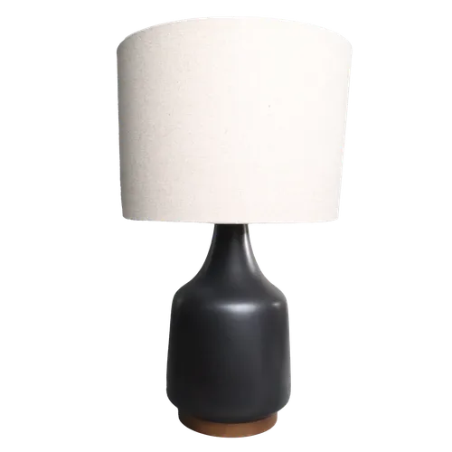 Matte Black Table Lamp With Teak Base & Oatmeal Linen Shade