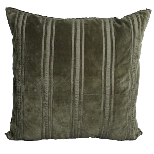 Army Green Velour Throw Pillow With Triple Fabric Stripe Pattern