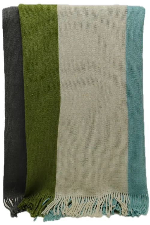 Green, Grey, White & Turquoise Block Stripes Throw Blanket With Fringe Trim