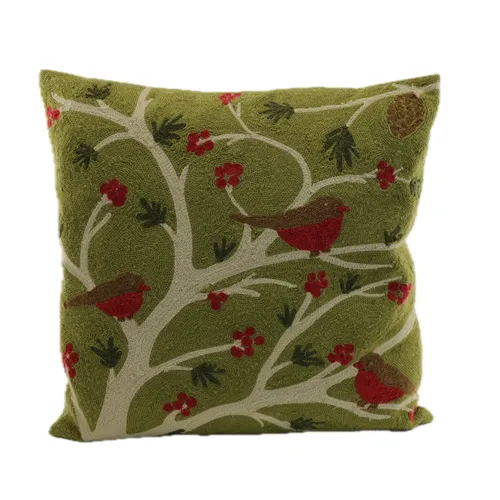 Green Embroidered Red Birds Throw Pillow