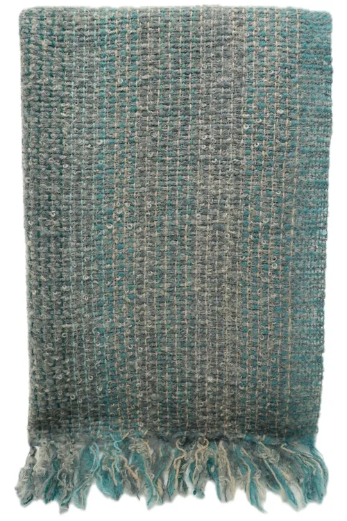 Woven Brushed Wool Teal & Grey & Taupe Throw Blanket With Fringe Trim