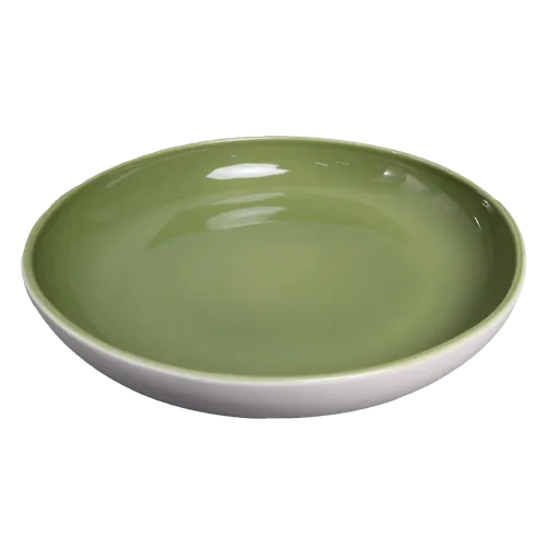 White Exterior With Green Interior Large Low Profile Serving Bowl