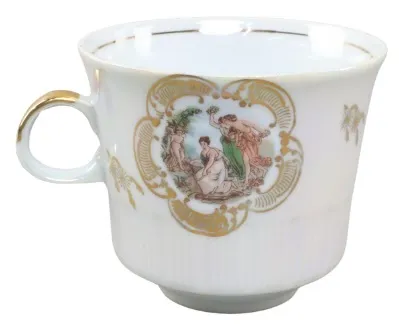 White & Gold Iridescent  With Greek Motif Porcelain Teacup