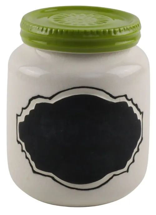 White Storage Jar With Green Lid & Chalkboard Label 