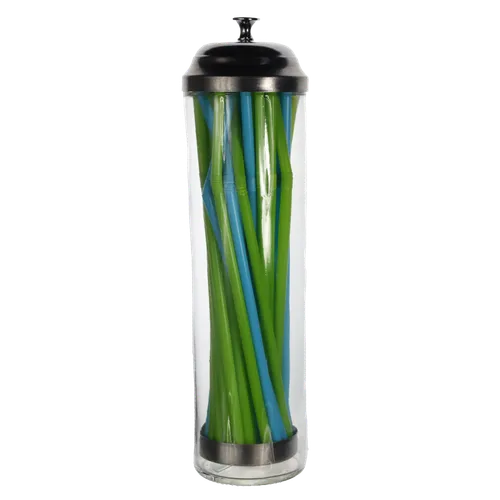 Clear Glass Straw Dispenser With Silver Cap