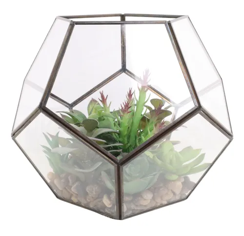 Pentagon Glass Terrarium With Artificial Succulents