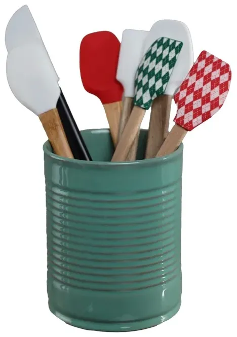 Seafoam Green Ceramic Ribbed Canister With 7 Utensils