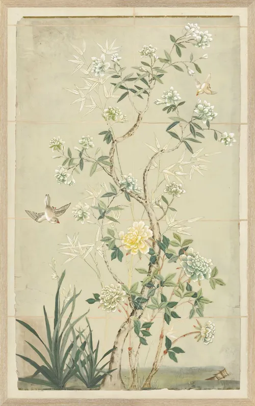 Yellow Scenic Birds On Paper With Wood Frame