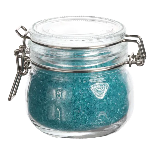 Clear Glass Stout Preserve Canister With Blue Sugar Crystals