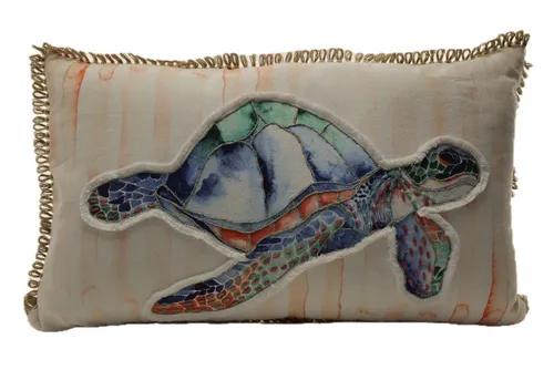 Blue & Green Sea Turtle On Coral Watercolour Dips With Hemp Fringe Throw Pillow