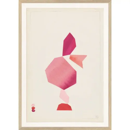 Pink Geometric Bird Abstract On Paper With Wood Frame