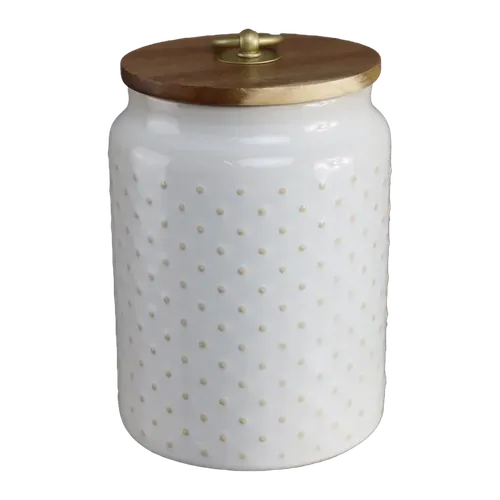 White With Beige Mini Dot Canister With Wood Lid & Ring 