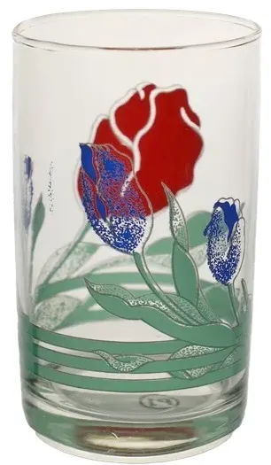 Vintage Red Rose & Blue Tulips Print Clear Drinking Glass