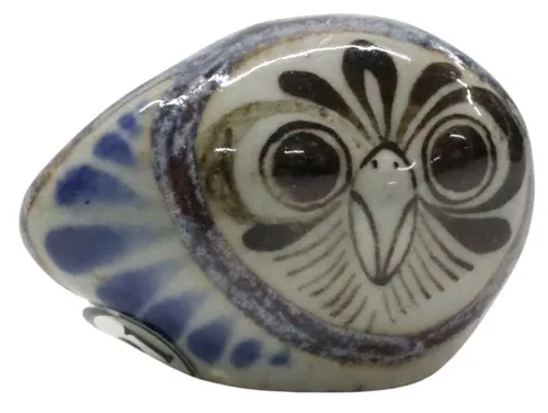 Blue & Green Tonal  Painted Pottery Owl 