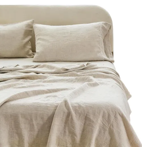 Natural Flax Linen With Hemstitch Four Piece Bedding Sheet Set - Queen
