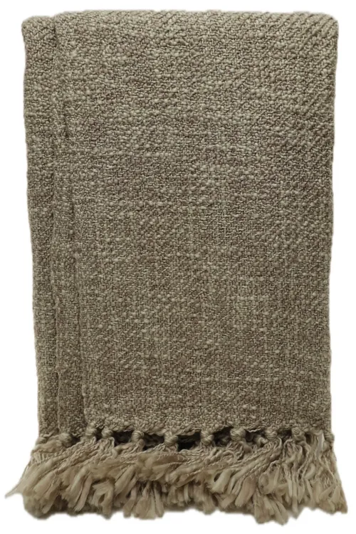 Oatmeal Beige Chenille Throw Blanket With Tassel Trim